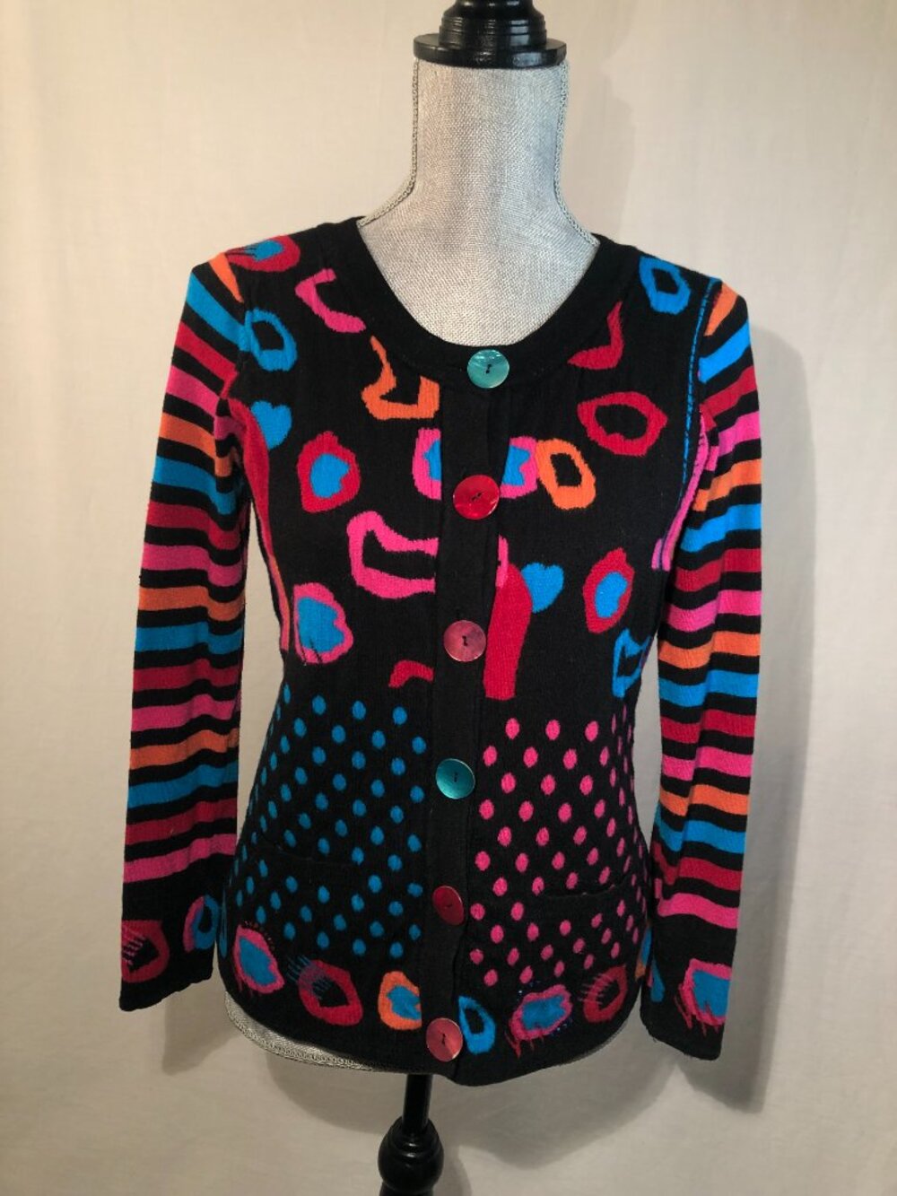 Y2K Abstract Art Teacher Mixed Print Button-Up Cardigan Sweater Size S - Picture 9 of 15